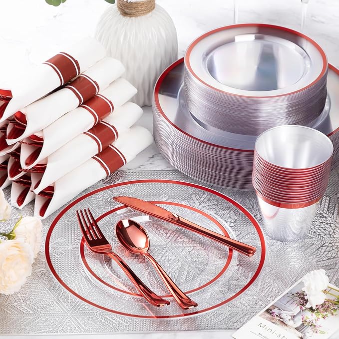 Party Plates Set in Red Plastic, 175 Pieces for 25 Guests