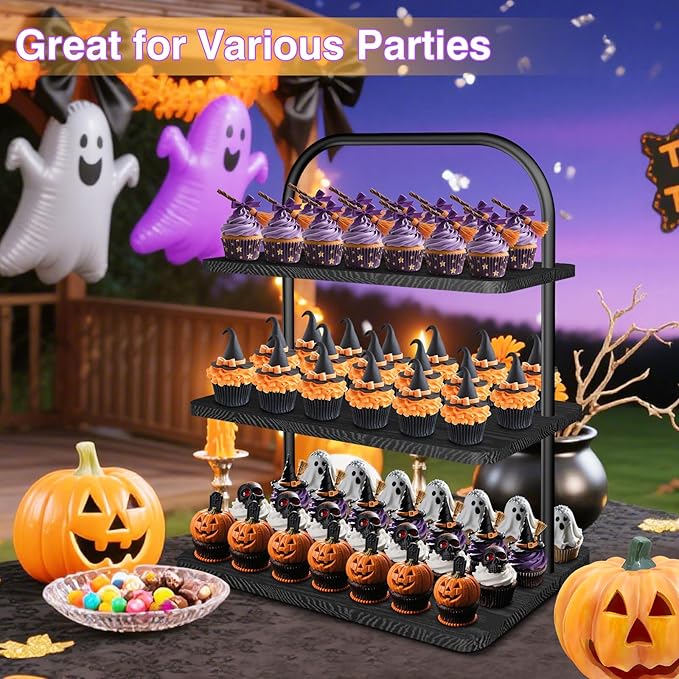 Cake Stand, 3-Tier Wood and Metal Cupcake Tower in Black, Holds 50 Cupcakes