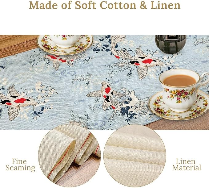 Kio Fish Table Runner Waves Retro Japanese Tradition Art Printed Burlap Runner Home Kitchen Dining Table Living Room Decor Fabric 1 Panel W13xL108in
