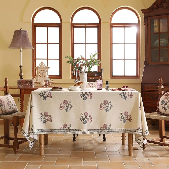 Tablecloth, 63 x 94 Inch Rectangle, Floral Linen-Polyester Blend