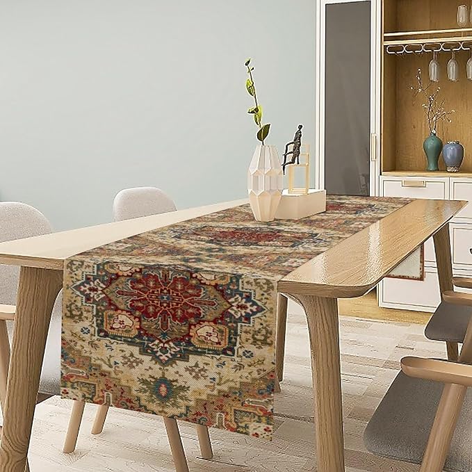 Boho Bohemia Style Table Runner, Vintage Yellow Brown Retro Flower Rustic Country Style Floral Print Pattern for Home Kitchen Table Decor Dining Coffee Room Garden Party Decor 13x36in