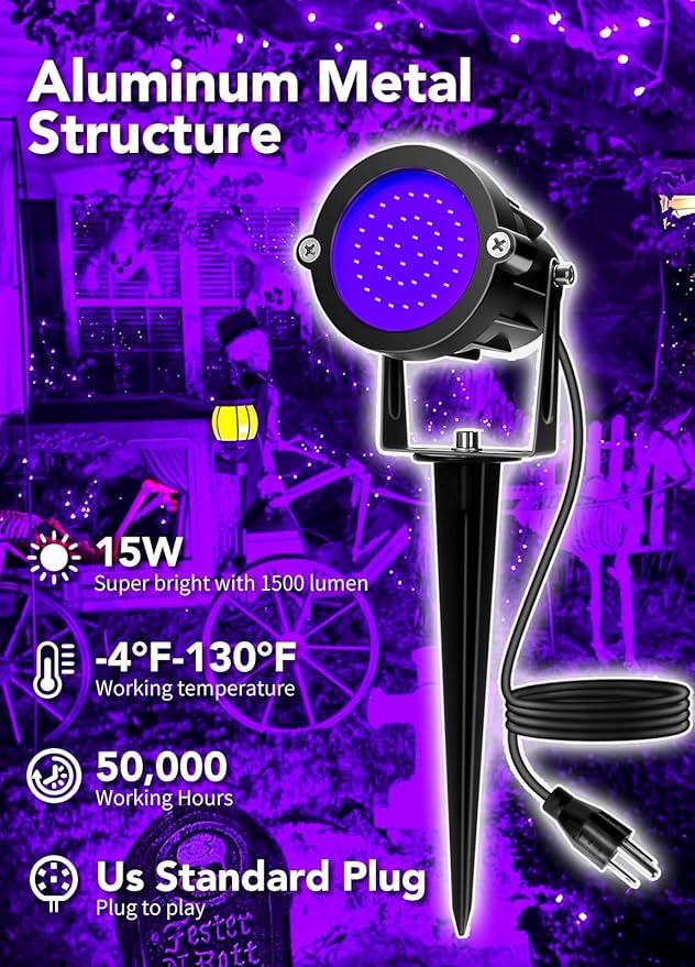 Halloween Spotlights with Purple UV Black Light, 15W Outdoor Stake, 2 Pack