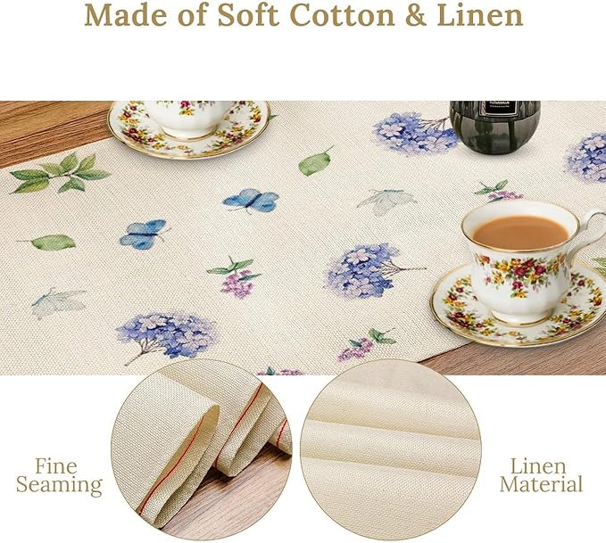 Spring Hydrangea Flower Table Runner, Seasonal Summer Plants Watercolor Florals Butterfly Dinner Runner for Home Kitchen Dining Table Party Holiday Decoration 13"x70"