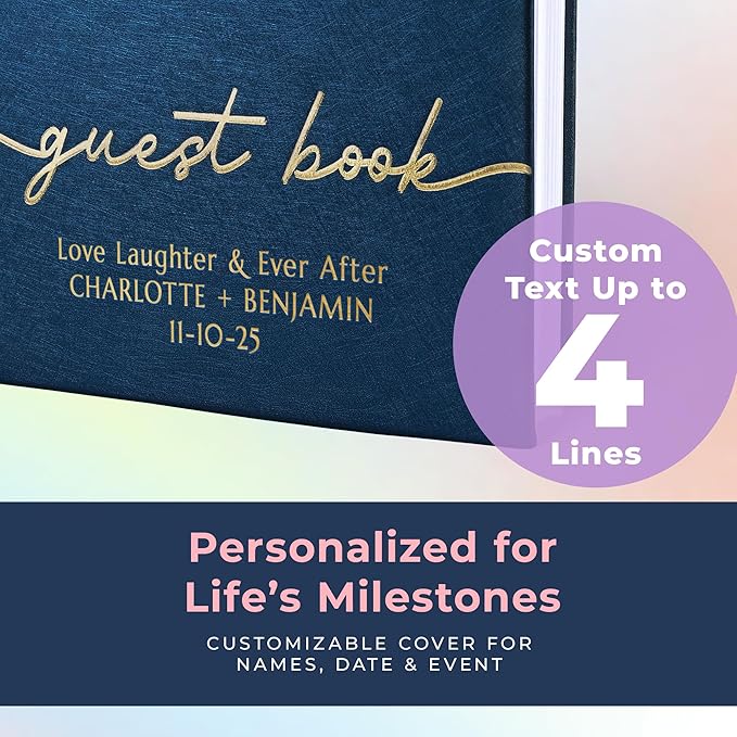 Guest Book with Vegan Leather Cover, 110 Lined Pages and Satin Ribbon