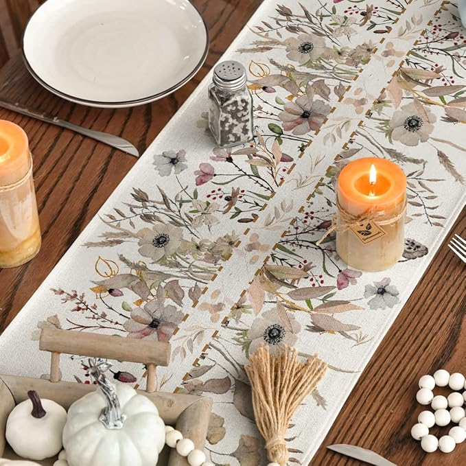 Artoid Mode Wildflower Leaves Floral Fall Table Runner, Autumn Thanksgiving Kitchen Dining Table Decoration for Indoor Outdoor Home Party 13x108 Inch