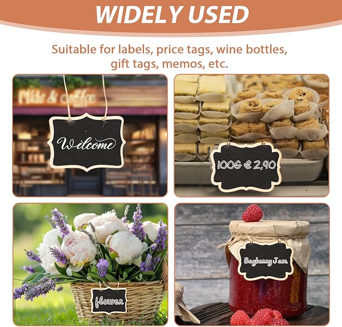 24 Pack Mini Wooden Chalkboard Signs - Reusable Hanging Food Labels for Party Buffet, Place Cards, Name Tags and Table Numbers