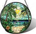 Stained Glass Window Hanging, Green Beach Scenery Suncatcher Diamond Glass Panel Hangings Sun Catchers Decor for Birthday for Women, Men, Wife, Aunt, and Mom 7.8 in