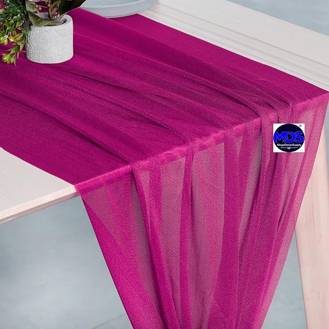 MDS 5 Pack 10ft Chiffon Table Runner 29 x 120 Inches Sheer Wedding Runner Romantic Rustic Table Runner for Wedding Decorations, Birthday Parties, Bridal Shower Party Arch Decor - Magenta
