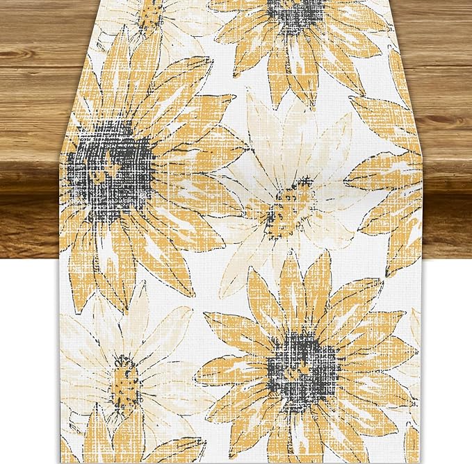 Chrysanthemum Vintage Floral Table Runner, Elegant Grunge Orange Sunflower Spring Summer Elegant Pattern Artichokes Flower Table Runner for Party Kitchen Dining Living Room Decor, 13x36 Inch