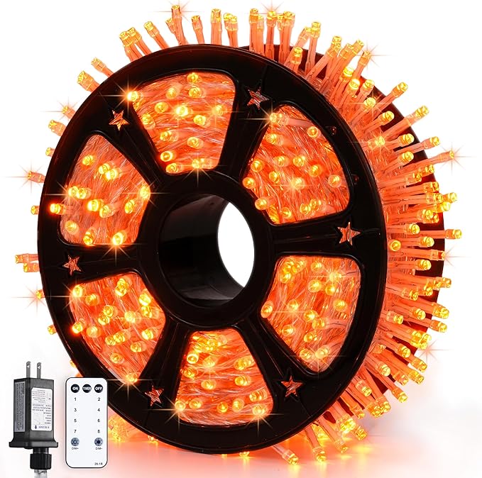 String Lights, 168 Ft Orange LED with Remote, Timer and Storage Reel