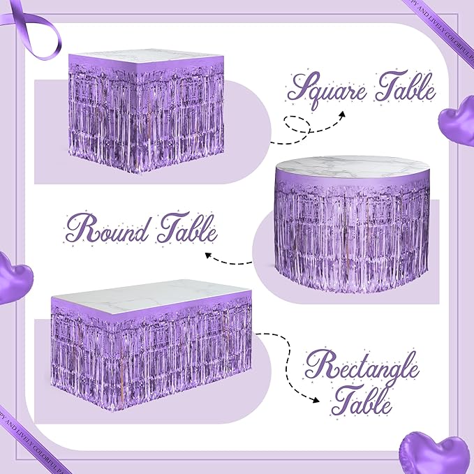 1 Pack Light Purple Table Skirts, 29x108" Metallic Foil Tinsel Fringe Table Skirts for Rectangle Tables Streamer Curtains Backdrop, Party Decorations for Birthdays Weddings Holidays