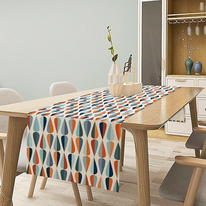 Mid Century Table Runner, Modern Style Retro Pattern Droplet Shapes Mosaic Tones Pattern Print for Home Kitchen Table Decor Dining Coffee Room Party Decor 13x90in
