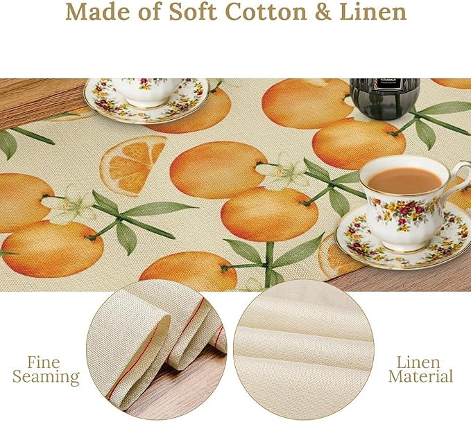 Spring Summer Orange Citrus Table Runner Watercolor Sweet Fruit Botanical Print Dinner Runner for Farmhouse Baby Shower Party Holiday Home Kitchen Dining Table Decor 13x108