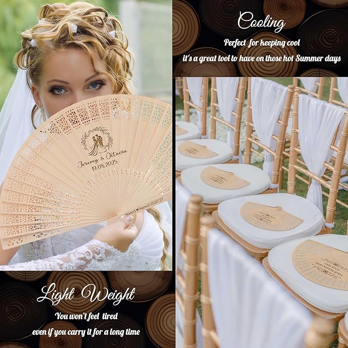 50 PCS Custom Fans Personalized Folding Fans for Line Dancing Wooden Hand Fan Wedding Favors Bulk Fans for Guests Party Event Use (Style03)