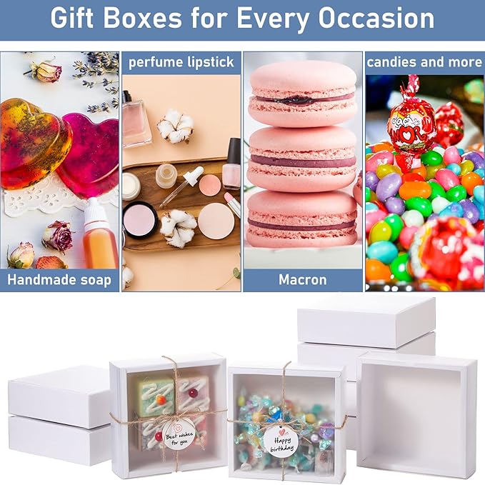 Roowest 50 Sets Kraft Soap Boxes Rectangle Packaging Box with Window Homemade Gift Box with Blank Tags and Jute String for Jewelry Candy Wrapping Party Favor(6.5 x 6.5 x 2 Inch,White)