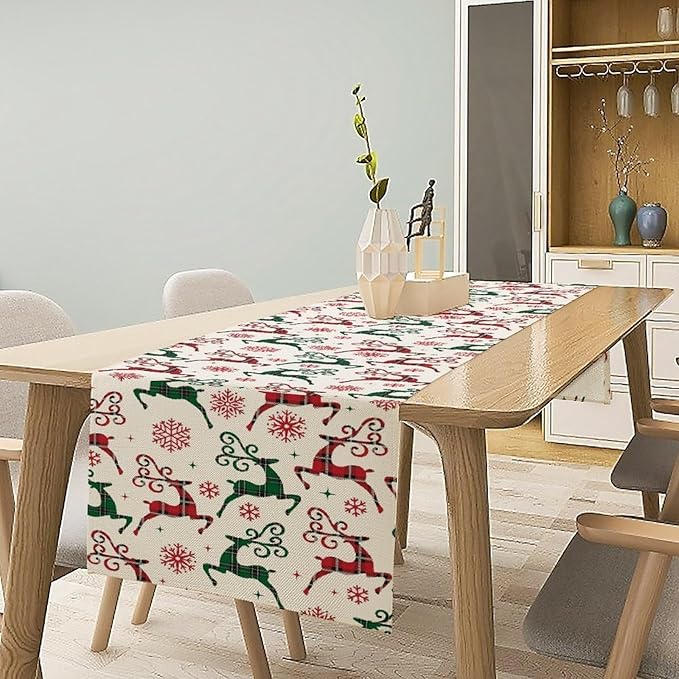 Christmas Table Runner,Christmas Plaid Deer Print Farmhouse Table Cloth Kitchen Dining Table Decoration for Home Party Decor 13x108 Inch
