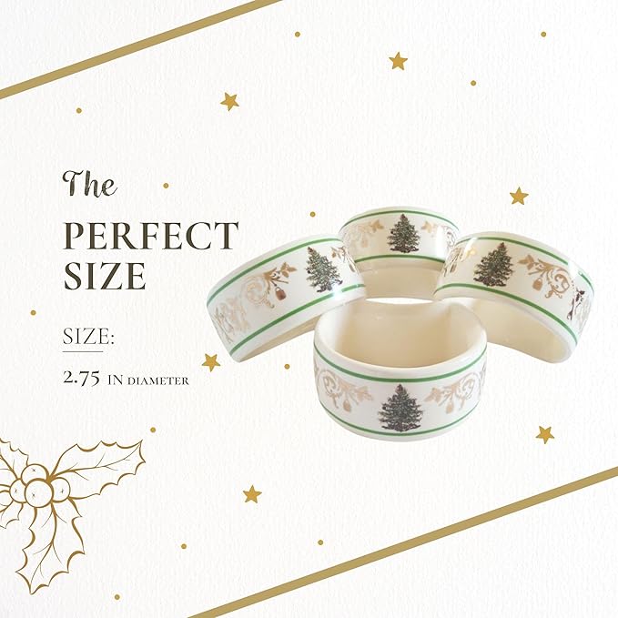Napkin Rings, Set of 4 Porcelain Christmas Tree Design with Gold Accents