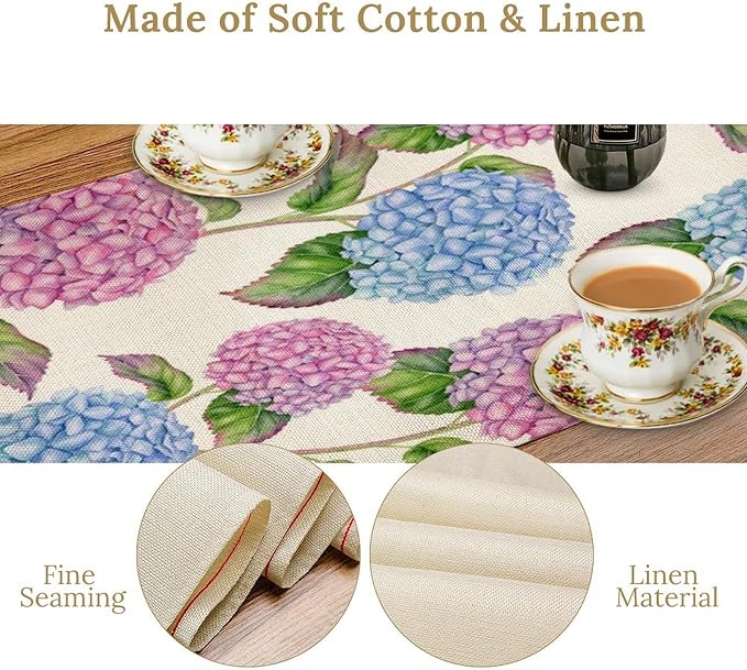 Spring Hydrangea Flower Table Runner, Seasonal Summer Plants Watercolor Pink Purple Florals Dinner Runner for Home Kitchen Dining Table Party Holiday Decoration 13"x60"