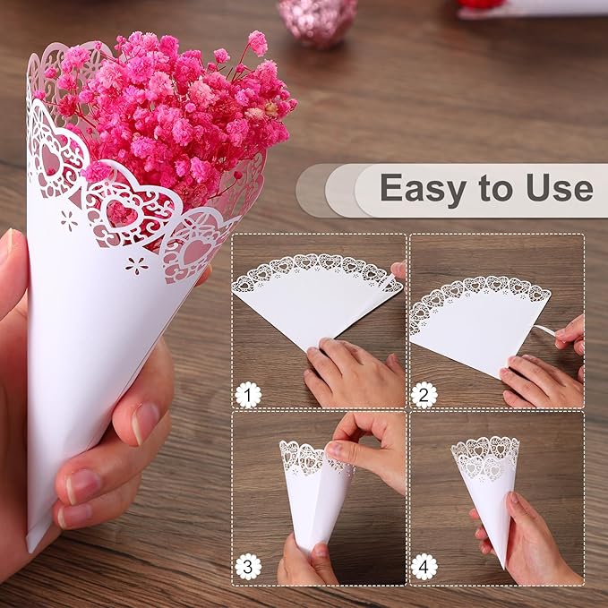 PATIKIL Wedding Confetti Cones, 50 Pcs Paper Tapers Hollow Print Lace Cone Bouquet for Party Candy Gift Boxes Chocolate Bags Buffet Bachelor Party Petals, Brown