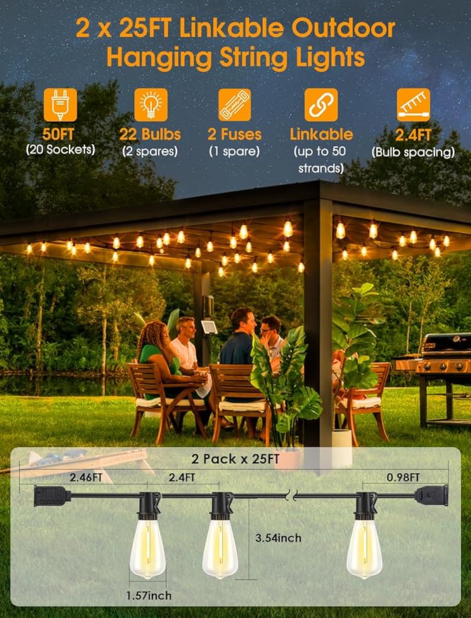 LED String Lights for Patio, 2 x 25FT Black Shatterproof IP65 Strands