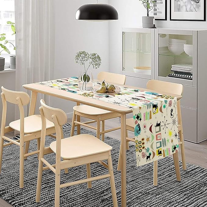 Colorful Geometric Table Runner,Vintage Mid Century Cute Cat Abstract Morden Print Tablecloth Burlap for Hotel Indoors Outdoor Dining Room Kitchen Home Decor, 13x108in