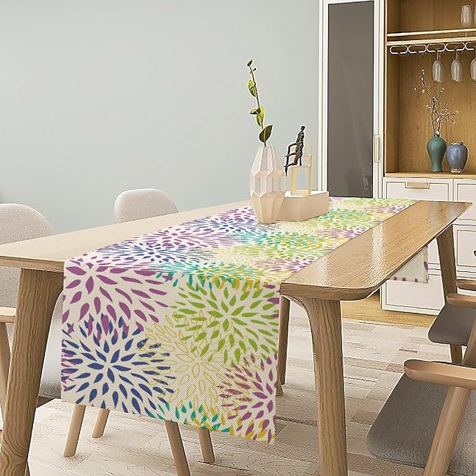 Purple Flowers Table Runner, Chrysanthemum Dahlia Vintage Modern Colorful Spring Summer Elegant Table Runner for Party Kitchen Dining Living Room Laundry Room Decor, 13x120 Inch