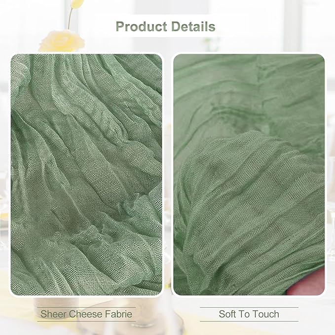 6 Pack Sage Green Cheesecloth Table Runner 35x120 Inch 10Ft Rustic Gauze Cheese Cloth Table Runner Sheer Cheesecloth Table Runners for Wedding Party Bridal Shower Decoration