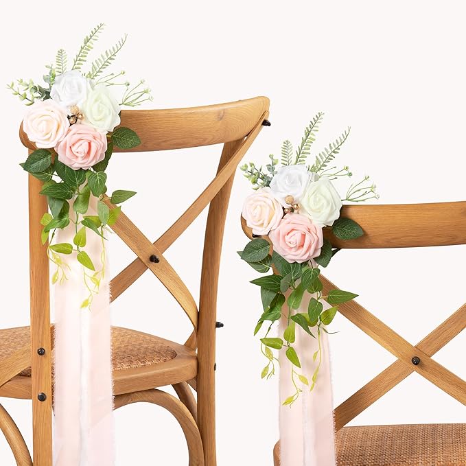 Artificial Flowers Pink Pew Bouquets, Set of 10 with Roses and Chiffon Ribbon