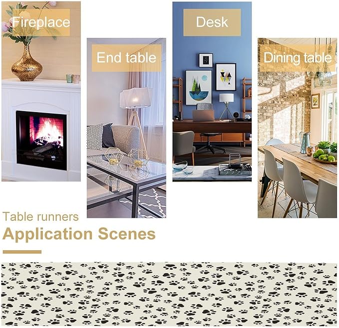 Dog Paws Table Runner,Cartoon Cute Black White Animal Footprints Abstract Tablecloth Burlap for Hotel Indoors Outdoor Dining Room Kitchen Home Decor,W13X L70 in