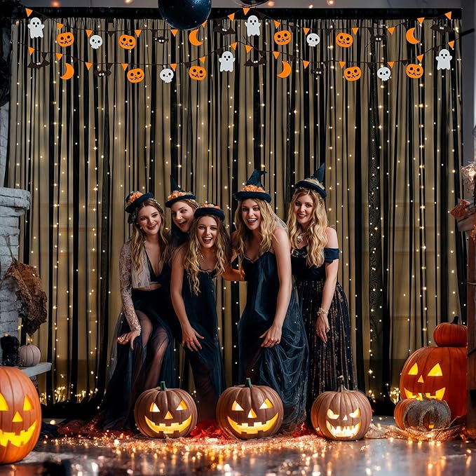 10x10ft Black Chiffon Backdrop Curtain with Lights for Wedding Birthday Parties, Wrinkle Free Backdrop Curtains with Lights for Halloween Baby Shower Gender Reveal Photo Shoot (5 x 10ft,2 Panels)