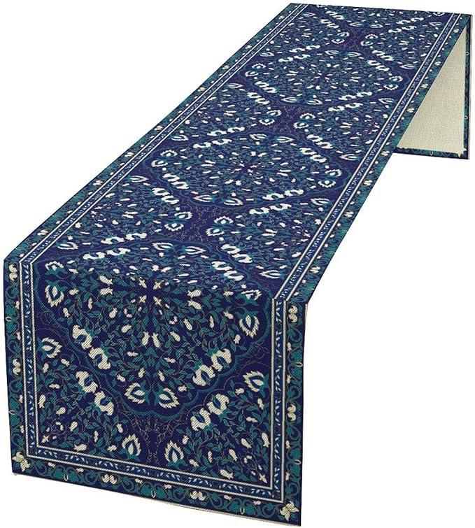 Boho Floral Vintage Table Runner, Retro Morris Abstract Blue Flower Rustic Country Farmhouse Pattern for Home Kitchen Table Decor Dining Coffee Room Wedding Party Decor 13x72in