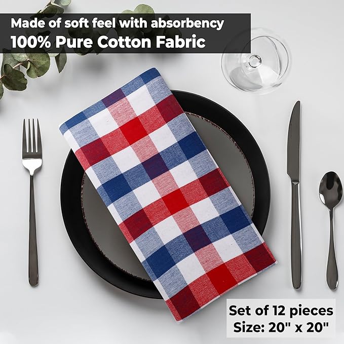 Cloth Napkins Checkered Red White Blue 100% Cotton 20x20 Inch