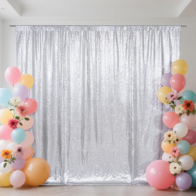 SquarePie Sequin Backdrop Not See Through Thick Background Glitter Curtain Party 6FT x 6FT Silver