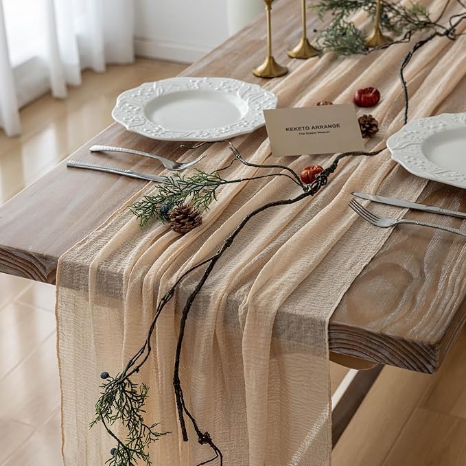 3pcs Deep Beige Cheesecloth Table Runner Rustic Boho Gauze 120 Inch 10 FT Cheese Cloth for Wedding Baby Shower Bridal Shower Birthday Party Long Sheer Home Decorations