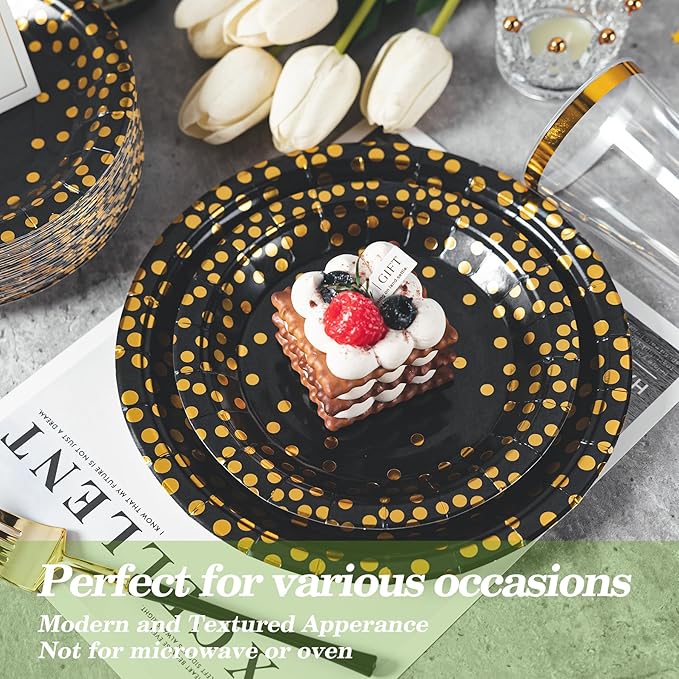 Lullaby 200PCS Black Paper Plates, Black and Gold Paper Plate, 100pcs Dinner Plates 9"，100pcs Dessert Plates 7", Disposable Graduation Plates with Golden Dot for Birthday party, Halloween