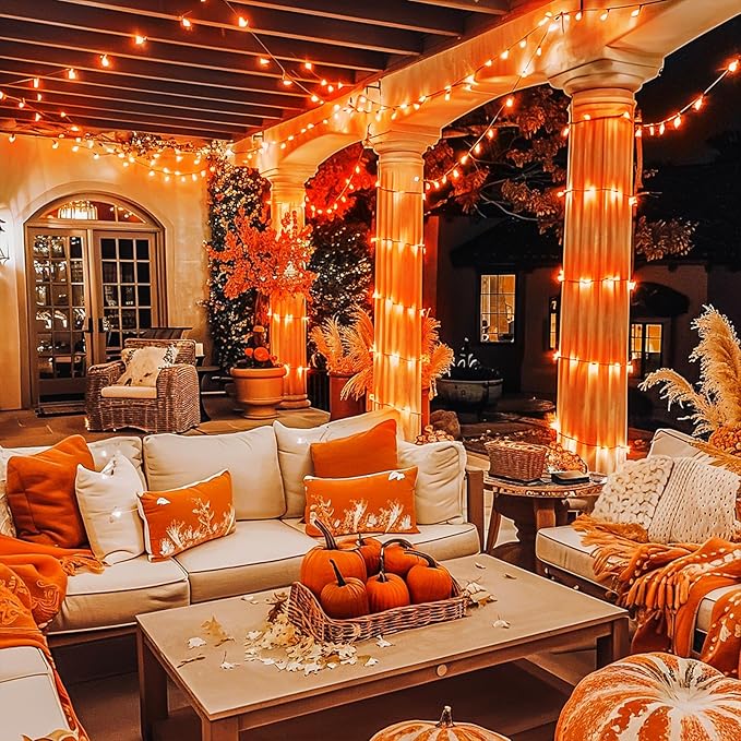 String Lights, 168 Ft Orange LED with Remote, Timer and Storage Reel
