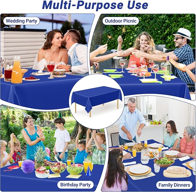 QZYL 4 PCS Blue Tablecloth, 54 x 108 Inches Plastic Table Cloth Disposable, Table Cloth for Parties, Picnic, Camping and Baby Shower Decorations, Leakproof Table Cover of Indoors Outdoors