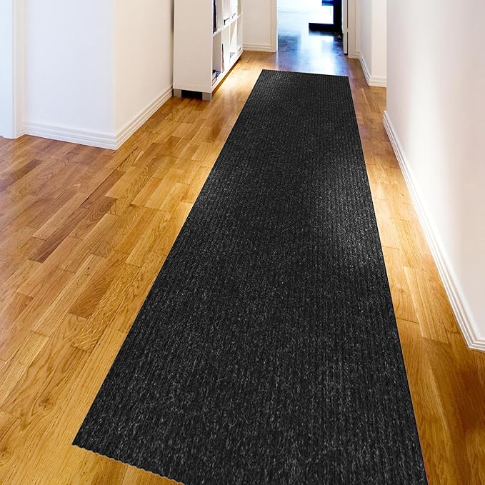 Ottomanson 2' x 25' Hallway Runner with Scraper Pile Extra Durable Non-Slip Rug Mat for Indoor & Outdoor Use - Ideal for Kitchen, Entryway, Patio & Garage - High-Traffic Carpet, Black