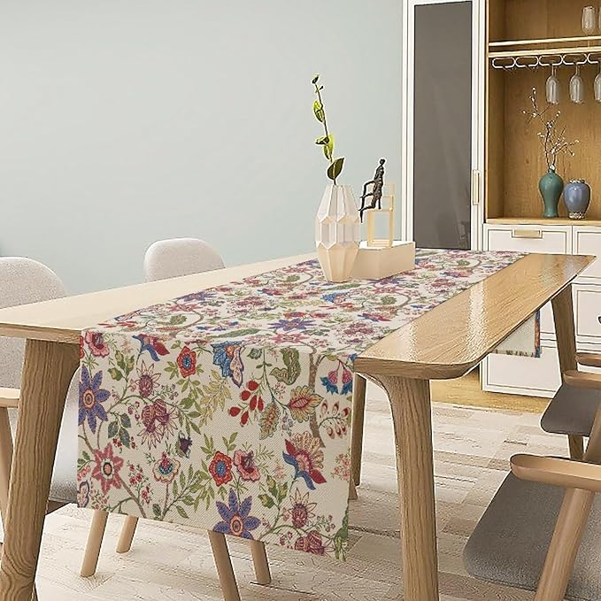 Spring Floral Table Runner, Boho Floral Pattern Natural Plant Table Decoration for Home Kitchen Restaurant Holiday Party,13in（33cm） W * 60in（152cm） L