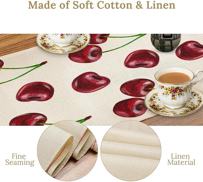 Red Cherry Table Runner Watercolor Spring Summer Wild Berry Tropical Fruit Theme Dinner Runner for Girl Baby Shower Party Holiday Home Kitchen Dining Table Decor 13x90