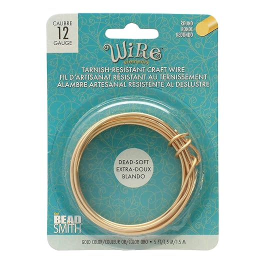 The Beadsmith Wire Elements Craft Wire – Tarnish Resistant, Soft Temper, Round, Gold Color – 2.0mm, 12 Gauge, 5 Foot Spool – Jewelry Making, Wire Wrapping, Floral, & Other DIY Crafts