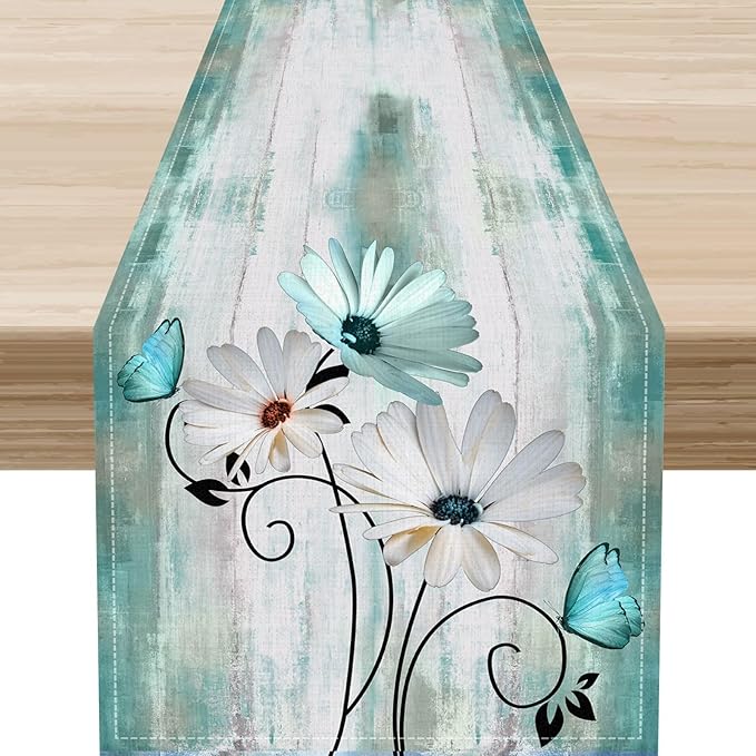 Daisy Floral Table Runner, Farmhouse Spring Seasonal Summer Teal Green White Flower Rustic Abstract Table Center Decor for Home Kitchen Dining Holiday Party Indoor Table Decorations, 13"x108" Inch