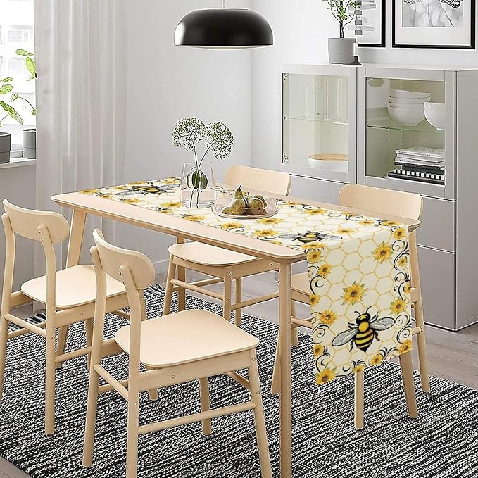 Bee Sunflower Table Runner, Farmhouse Orange Honeycomb Vintage Spring Summer Flowers Print Table Cover for Party Wedding Home Kitchen Dining Table Decor, 13x120inch