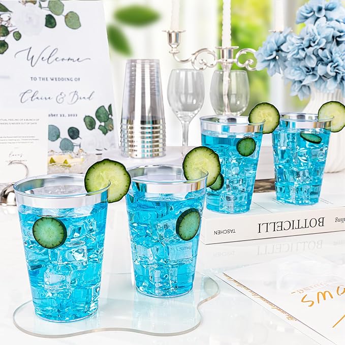 Disposable Plastic Cups with Silver Rim, 12 oz, 100 Count Clear