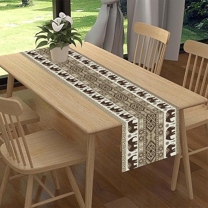 Ethnic Table Runner, Rustic Farmhouse Boho Indian Bohemian Elephant Aztec Tribal Print Beige Table Center Decor for Home Kitchen Dining Patio Holiday Party Indoor Table Decorations, 13"x108" Inch