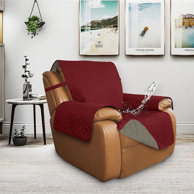 Sofa Slipcover for Recliner, Reversible Waterproof, Red and Beige