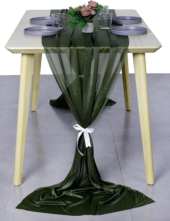 MDS Halloween Chiffon Table Runner - 15 Pack, 29 x 170 Inches, 14ft Each - Sheer Spooky Table Runners for Haunted House Parties, Trick-or-Treat Tables, Witchy Décor, Wedding & Events - Olive Green