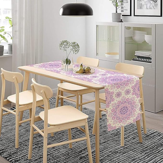 Purple Pink Mandala Table Runner, Traditional Indian Boho Mandala Flowers Print Table Runne for Kitchen Dining Table Office Wedding Party Holiday Home Decor, 13x108inch