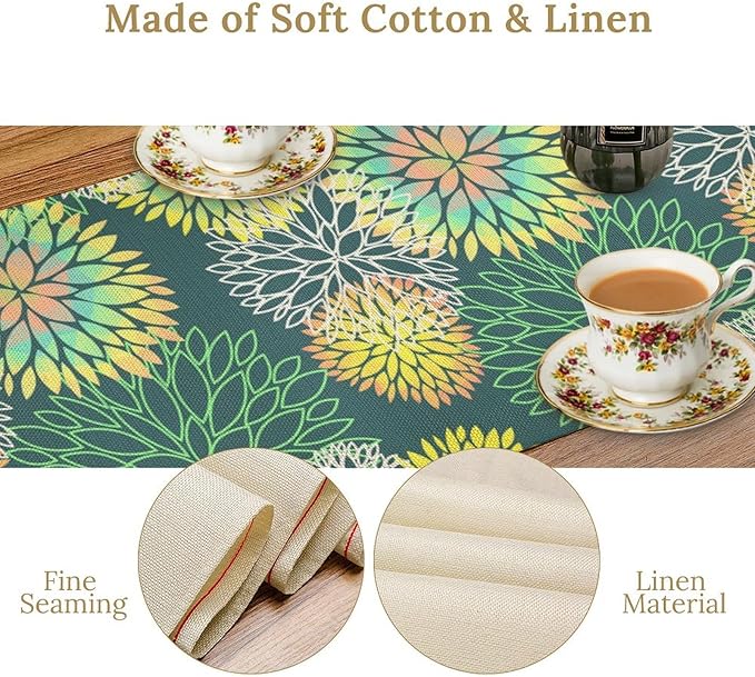 Green Dahlia Flower Table Runner, Linen Geometric Pattern Floral Table Decor Spring Farmhouse Decorations for Kitchen Dining Holiday Party Decor, 13x60 Inch