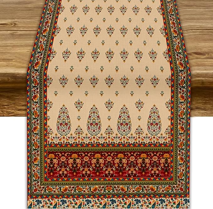 Boho Paisley Table Runner, Vintage Western Brown Dark Red Beige Flowers Leaves Print Table Runner for Kitchen Dining Table Wedding Holiday Party Decor, 13x60inch